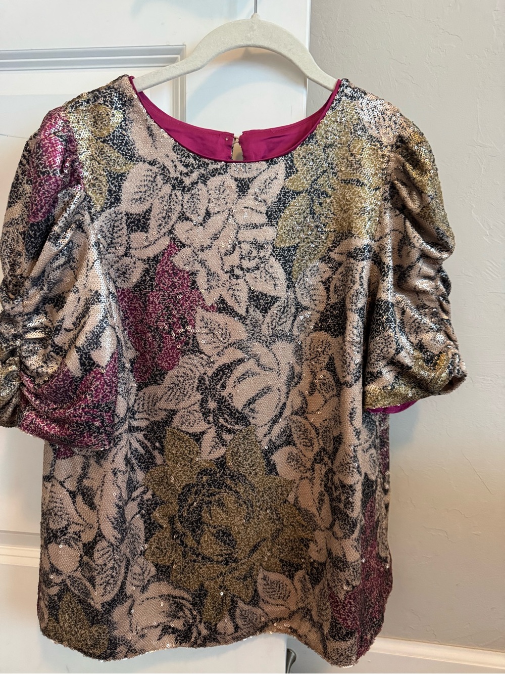 Anthropologie Metallic Floral Sequin Blouse in Gold, Pink, Black